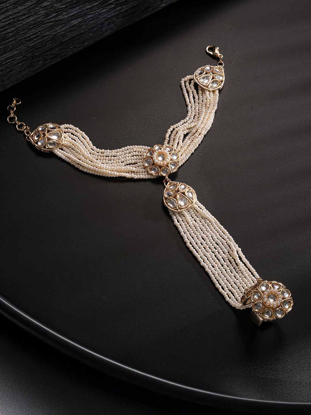 Gold Plated Kundan Studded Designer Pearl Beaded Bridal Haath Pan Haathphool